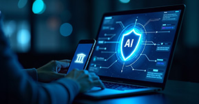 picture of a mans hands working on a computer with a graphic picture of AI